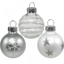 Mini julekugler hvid, sølv ægte glas Ø3cm 9stk