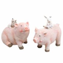 Dekorativt figur sæt piggy med dyrevenner 9,3 cm × 7,5 / 8,5 cm 2stk