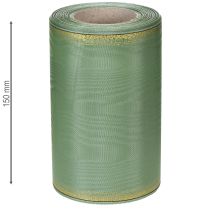 Artikel Moiré kransbånd salviegrøn med guldkant, 150 mm x 25 m, dekorativt bånd til blomster og kranse
