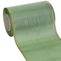 Artikel Moiré kransbånd salviegrøn med guldkant, 150 mm x 25 m, dekorativt bånd til blomster og kranse