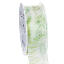 Artikel Organzabånd, chiffonbånd, grønt med bladranker, 40 mm bredt, 15 m langt