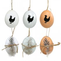 Påskepynt, hønseæg til at hænge, dekorative æg fjer og kylling, brun, blå, hvid sæt med 6