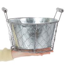 Artikel Plantekurv med indsats, trådkurv, plantekasse, forårssølv, hvidkalket, shabby chic, Ø22 cm H17,5 cm