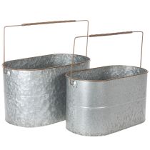 Artikel Urtepotte med hank, metalpotte, plantekasse, sølv, brun, H22/20cm L42/40cm, sæt med 2