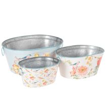 Artikel Planteskåle, forår, plantekasser til blomster/fugle, oval metalbeholder L39/31/24,5 cm, sæt med 3