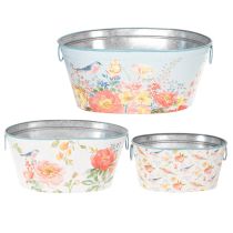 Artikel Planteskåle, forår, plantekasser til blomster/fugle, oval metalbeholder L39/31/24,5 cm, sæt med 3
