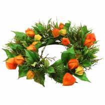 Artikel Kunstig Physalis-krans, orange og grøn, Ø28 cm, efterårsdekoration