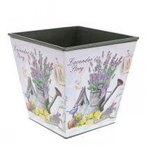 Plantekrukke lavendel motiv, firkantet dekorativ potte, plast cachepot H13cm B13,5cm