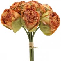 Rosebund, silkeblomster, kunstige roser orange, antikt look L23cm 8stk