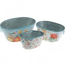 Artikel Planteskåle, forår, urtepotte blomster/fugle, metalbeholder oval L39/31/24,5 cm sæt med 3