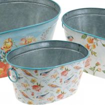 Artikel Planteskåle, forår, urtepotte blomster/fugle, metalbeholder oval L39/31/24,5 cm sæt med 3