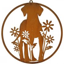 Metalskilt patinahund med blomster Ø38cm
