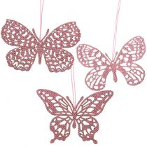 Dekorativt hængende sommerfuglrosa glitter 10cm 6stk