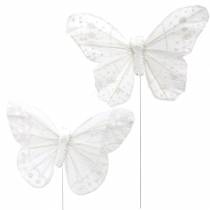 Fjer sommerfugl på tråd hvid med glitter 10cm 12stk