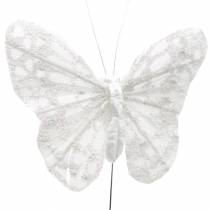 Fjer sommerfugl med hvid tråd, glitter 5cm 24stk