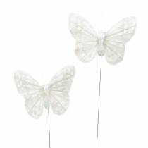 Fjer sommerfugl med hvid tråd, glitter 5cm 24stk