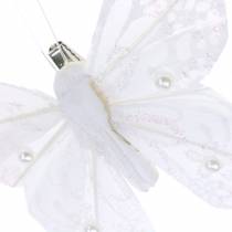Fjer sommerfugl på klip hvid 10 cm 12 stk