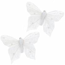 Fjer sommerfugl på klip hvid 10 cm 12 stk