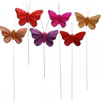 Forår, fjersommerfugle med glimmer, deco sommerfugl rød, orange, pink, violet 4×6,5cm 24stk