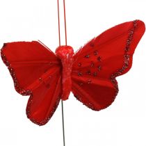 Forår, fjersommerfugle med glimmer, deco sommerfugl rød, orange, pink, violet 4×6,5cm 24stk