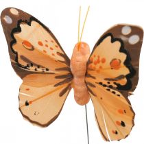 Fjersommerfugle, dekorative sommerfugle på pind, blomsterpropper pink, orange, violet, brun, blå, beige 6×8cm 12 stk.