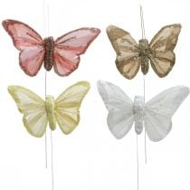 Sommerfugle med glimmer, bryllup dekoration, dekorative propper, fjer sommerfugl gul, beige, pink, hvid 9,5×12,5cm 12stk