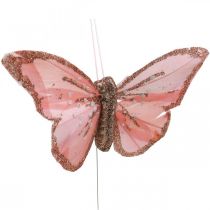 Sommerfugle med glimmer, bryllup dekoration, dekorative propper, fjer sommerfugl gul, beige, pink, hvid 9,5×12,5cm 12stk