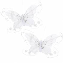 Fjer sommerfugl på klip hvid 10cm 12 s