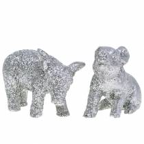 Dekorativt gris Nytårsdekoration sølvglitter 3,5 cm 2stk