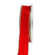 Rødt silkebånd med guldkant 25mm 25m