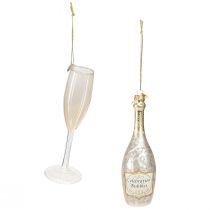 Artikel Champagneflaske og glas, trædekorationer, jubilæum, glaspynt til at hænge, nytårsaften H14,5 cm ægte glassæt med 2