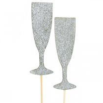 Artikel Nytårsaften dekoration champagneglas sølv blomsterprop 9cm 18stk