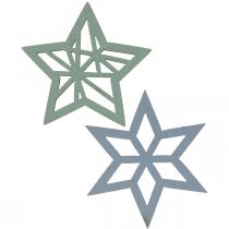 Deco stars træblå, grønne træstjerner Jul 4cm blanding 36stk
