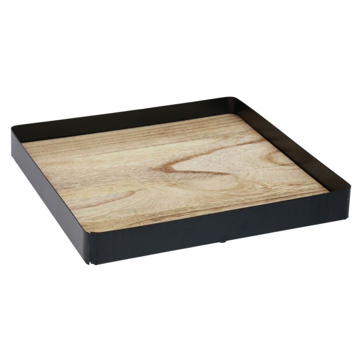Dekorativ bakke metal træ firkantet natursort 25,5×25,5×4cm
