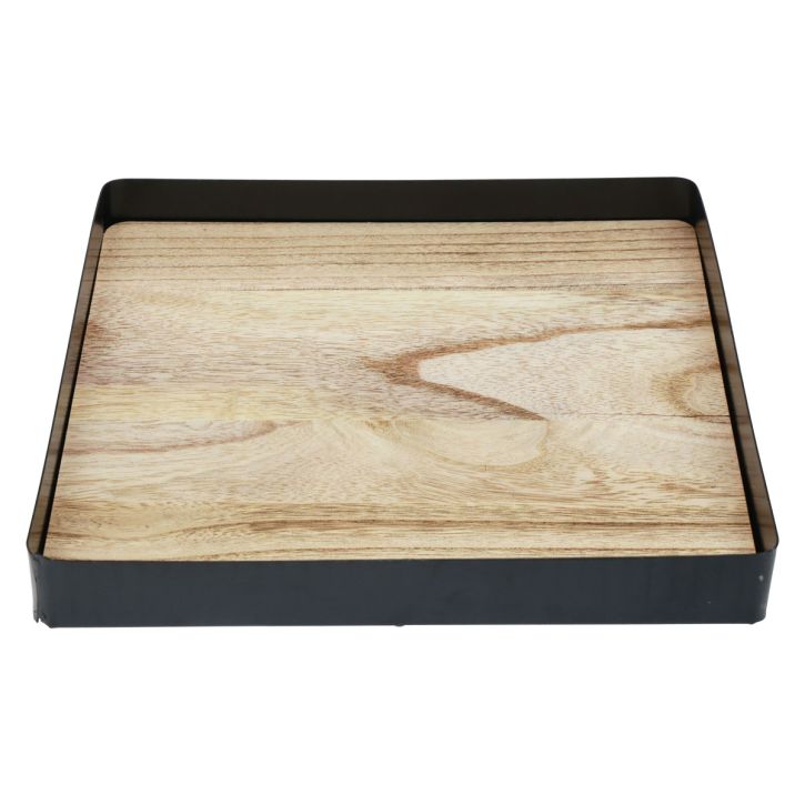 Dekorativ bakke metal træ firkantet natursort 25,5×25,5×4cm