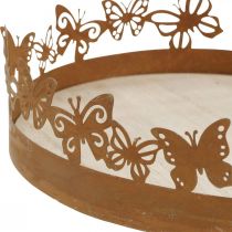 Bakke med sommerfugle, fjeder, bordpynt, metal dekoration patina Ø20cm H6,5cm