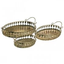 Metalskål med håndtag, dekorativt bakkesæt gyldent antik look L39 / 33,5 / 28,5 cm sæt af 3