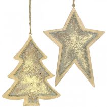 Artikel Metal vedhæng gran og stjerne, juletræspynt, julepynt guld, antikt look H15,5 / 17cm 4stk.