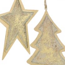 Artikel Metal vedhæng gran og stjerne, juletræspynt, julepynt guld, antikt look H15,5 / 17cm 4stk.