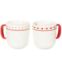 Artikel Kaffekrus med rødt hank, strikket mønster og hjertedekoration, keramik, 9 cm, 2 stk.
