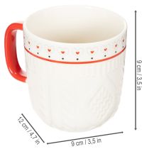 Artikel Kaffekrus med rødt hank, strikket mønster og hjertedekoration, keramik, 9 cm, 2 stk.