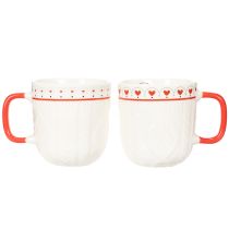Artikel Kaffekrus med rødt hank, strikket mønster og hjertedekoration, keramik, 9 cm, 2 stk.