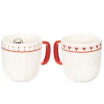 Artikel Kaffekrus med rødt hank, strikket mønster og hjertedekoration, keramik, 9 cm, 2 stk.