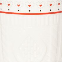 Artikel Kaffekrus med rødt hank, strikket mønster og hjertedekoration, keramik, 9 cm, 2 stk.