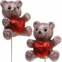 Dekorativ propbjørn med hjerte, Valentinsdag, blomsterknap glitter 9stk