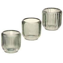 Artikel Fyrfadsstage glas i grå riller dekor 8cm 6 stk
