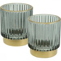 Lanterne glas ribbet fyrfadsstage guld/grå H8cm 2stk