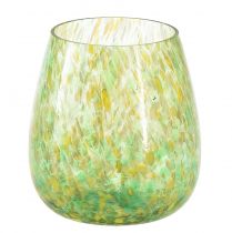 Fyrfadsstage glas dekoration gulgrøn mønster Ø6,5cm H10cm