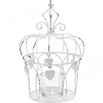 Fyrfadsstage krone med hjerter shabby chic hvid Ø14cm H22cm