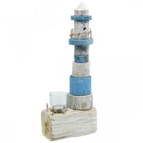 Træfyrtårn med fyrfadsglas maritim dekoration blå, hvid H38cm